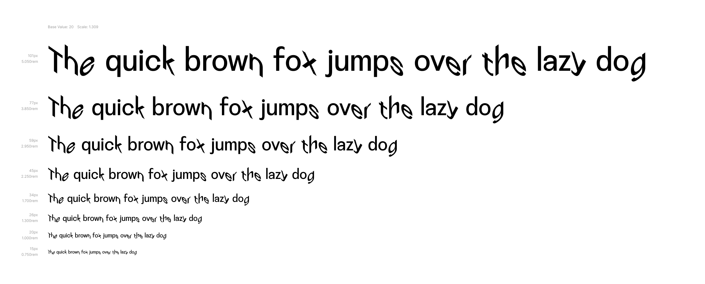 Typescale for Disorientation Sans VF on rxad 100 with 20px base and golden ratio 1/2 increments (1.309)
                    scale factor.